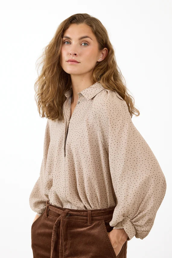 Chemise imprimée à manches longues – Beige ou marine