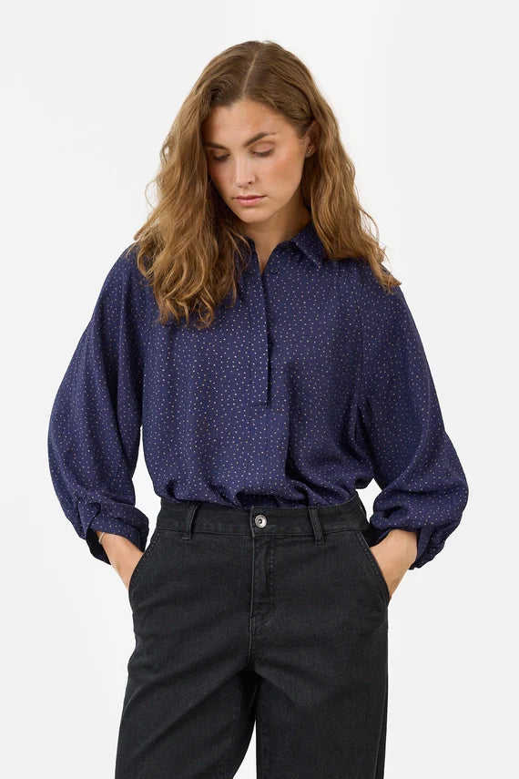 Chemise imprimée à manches longues – Beige ou marine