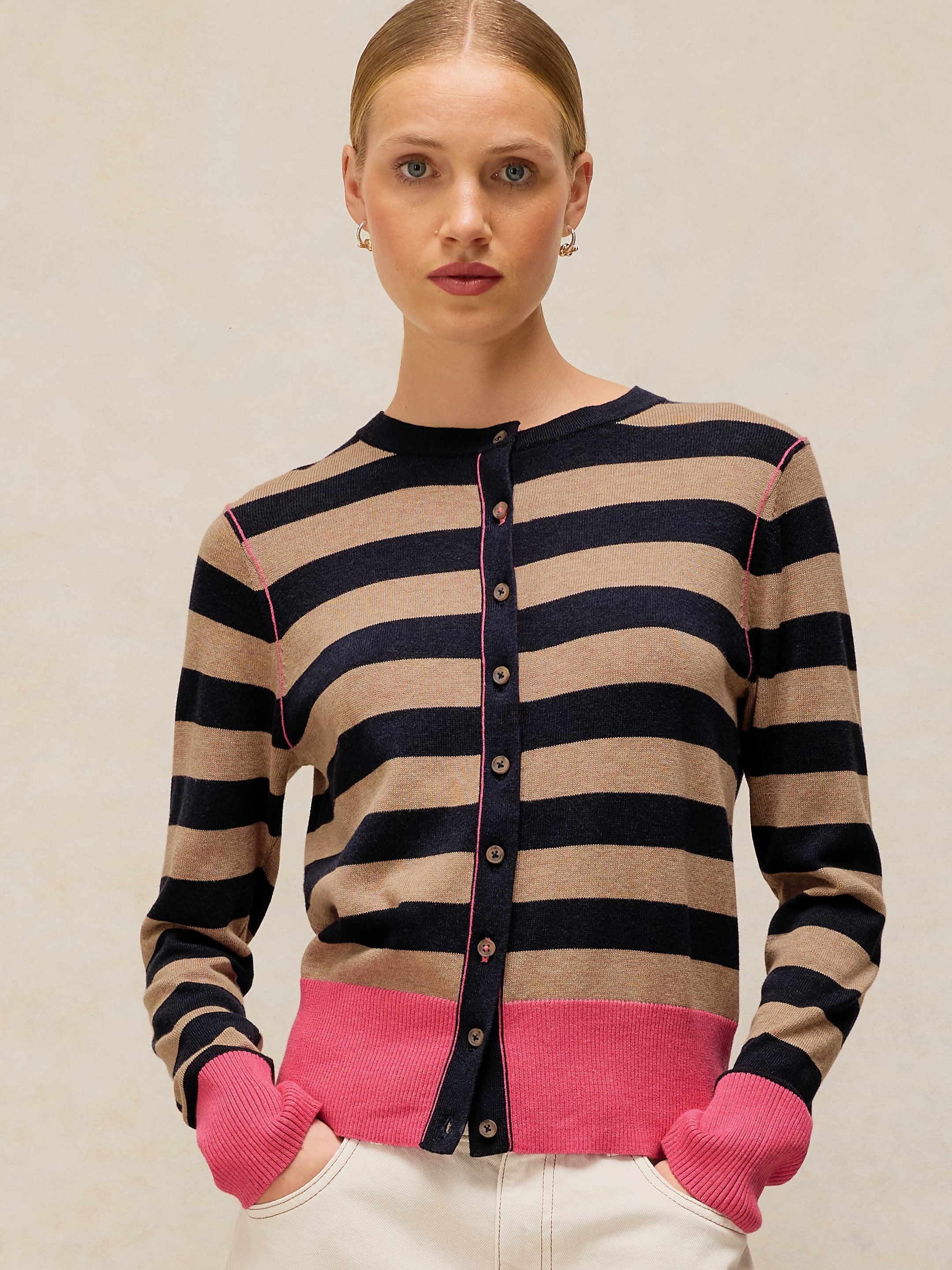 Cardigan Lois rayé marine et rose