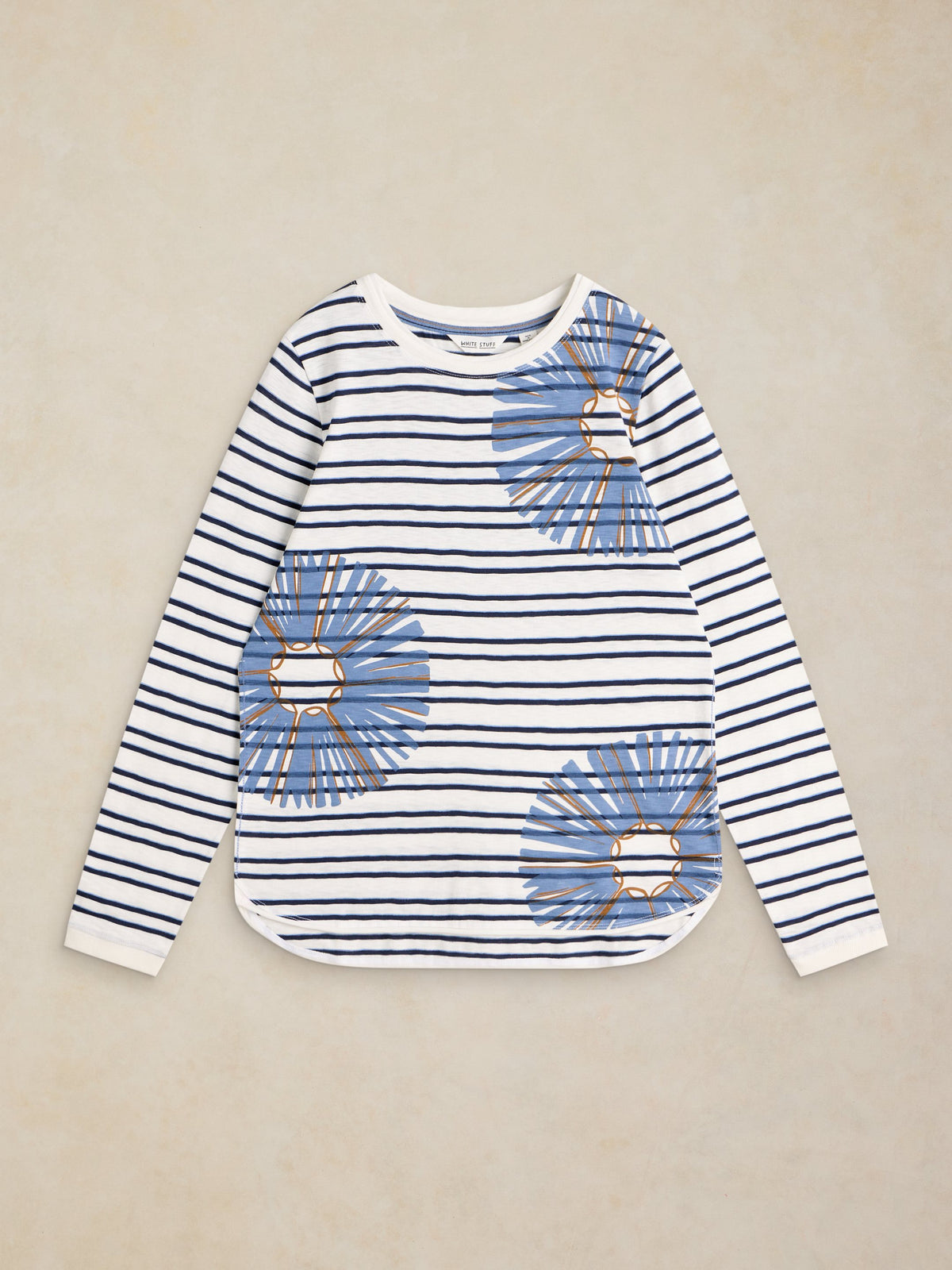 Pull rayé à grandes fleurs bleues