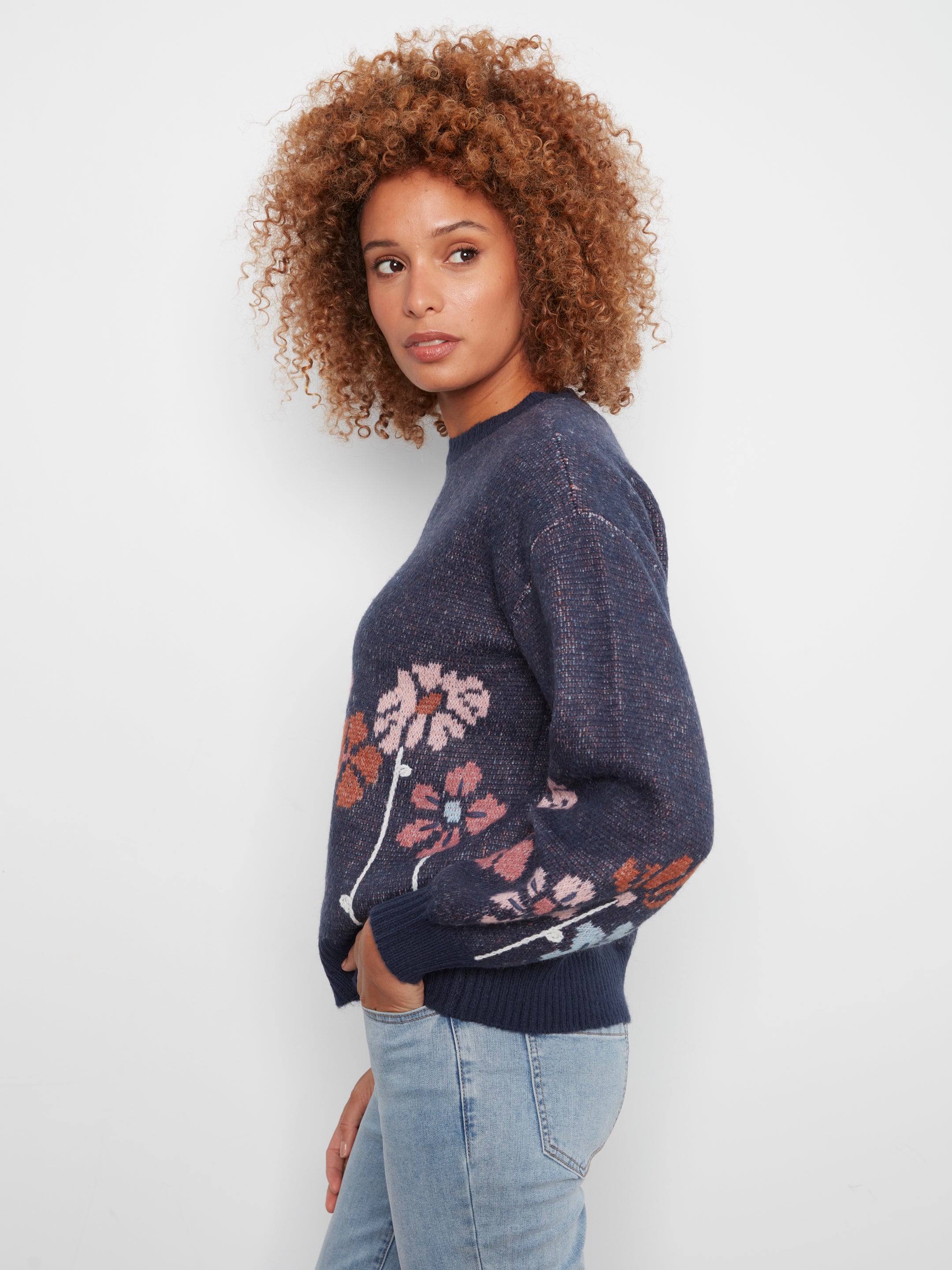 Chandail jacquard floral en bleu chiné