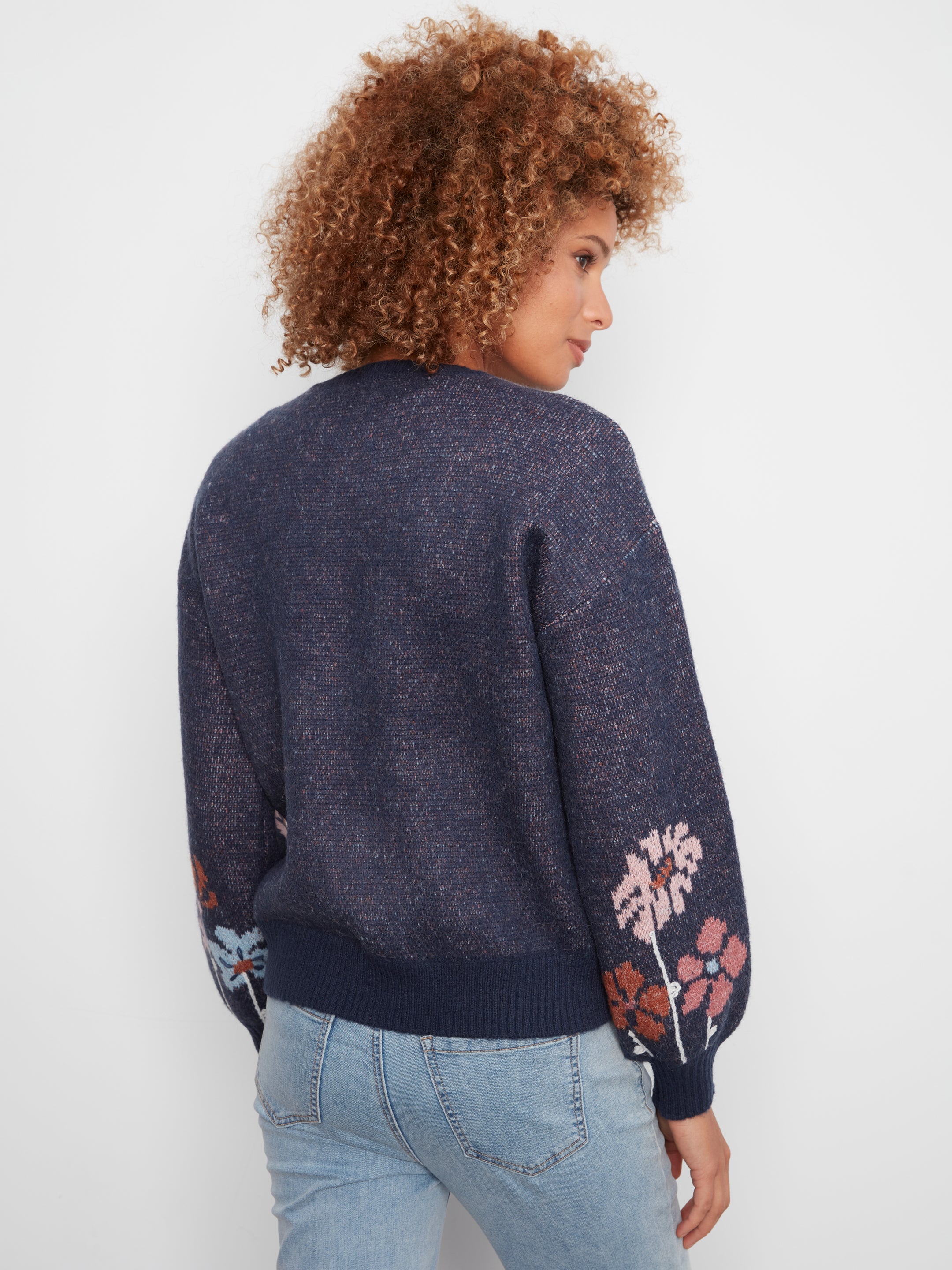 Chandail jacquard floral en bleu chiné