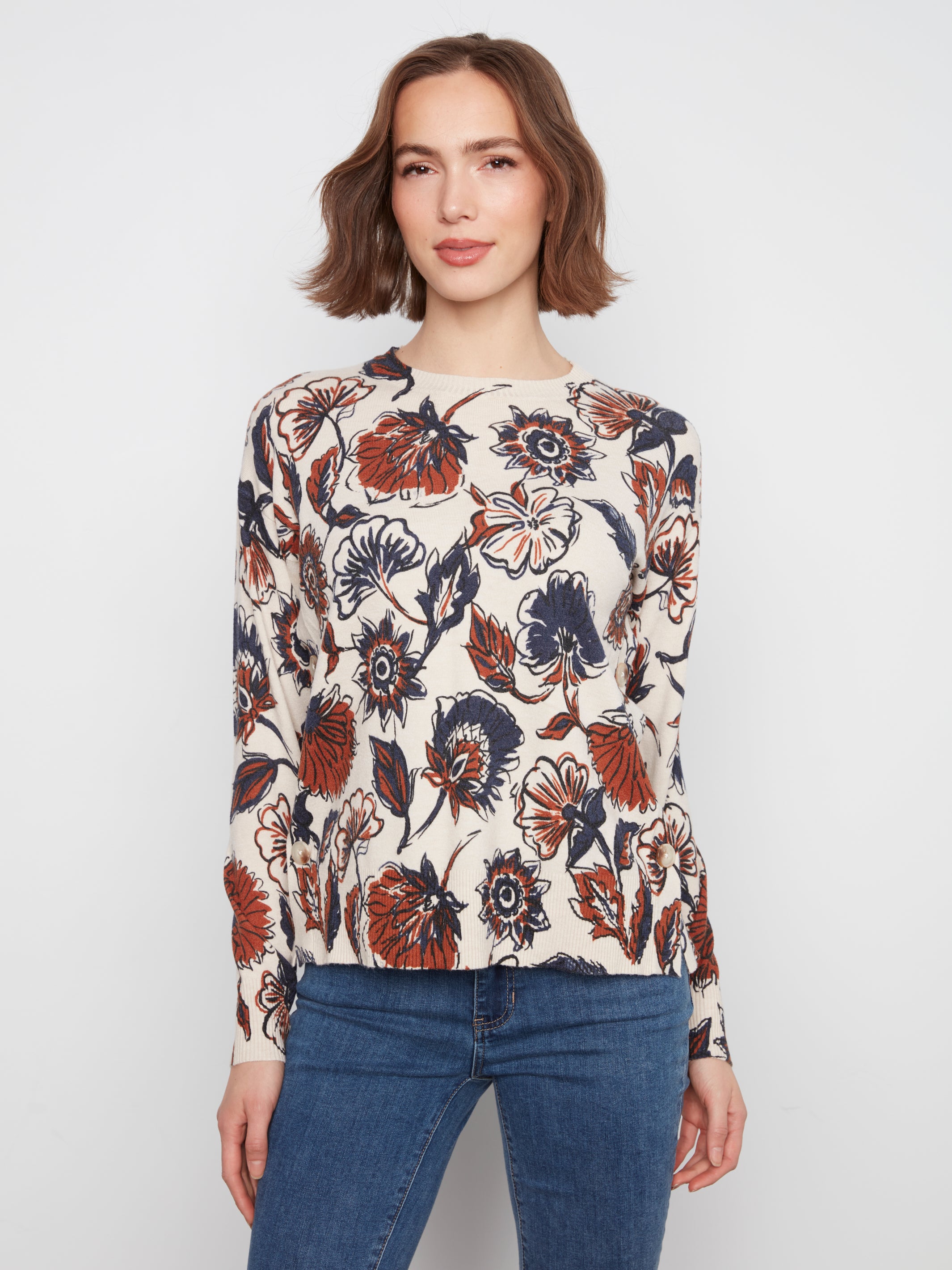 Pull à col rond à imprimé fantaisie et crème