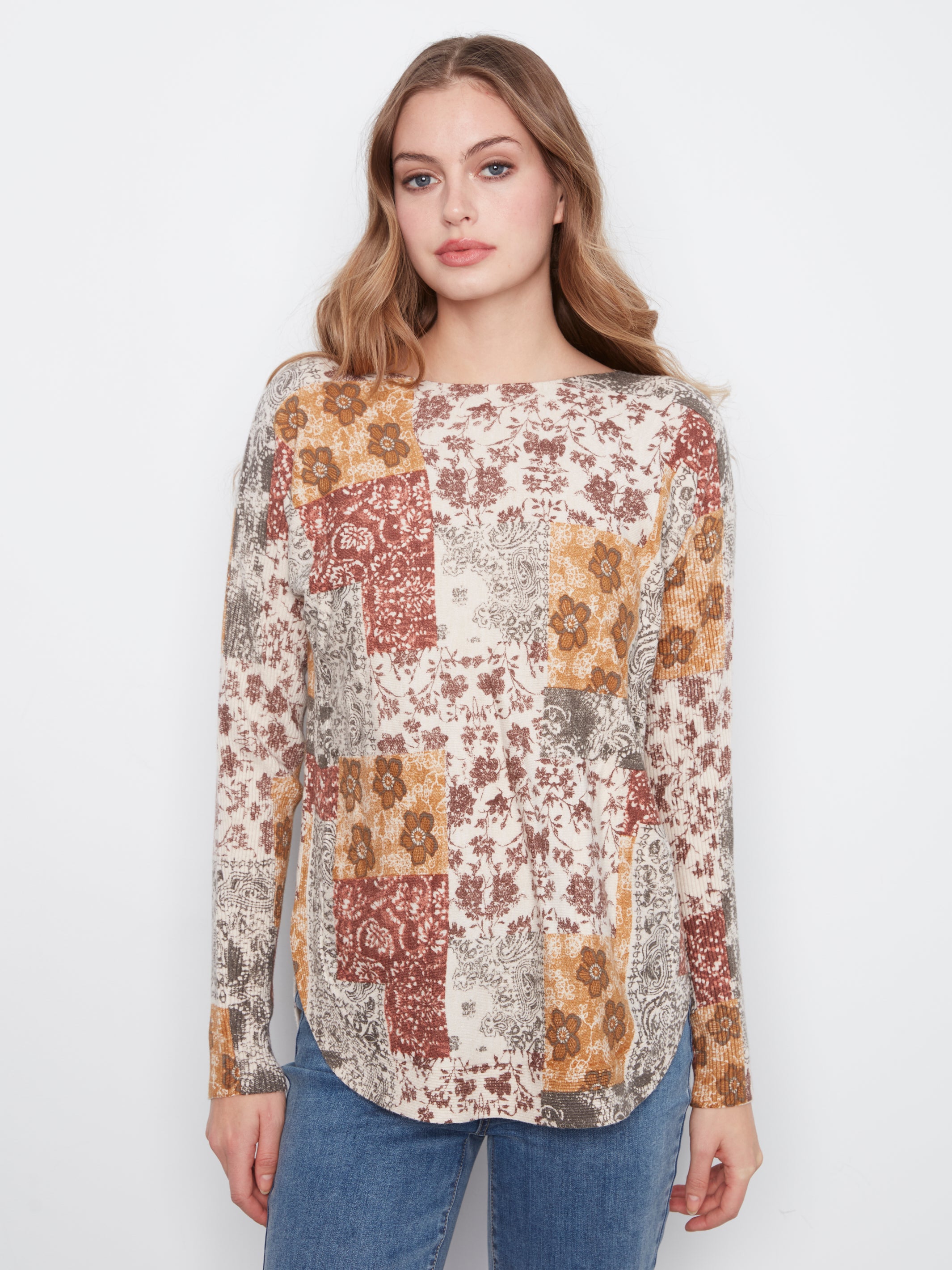 Chandail patchwork floral à col bateau