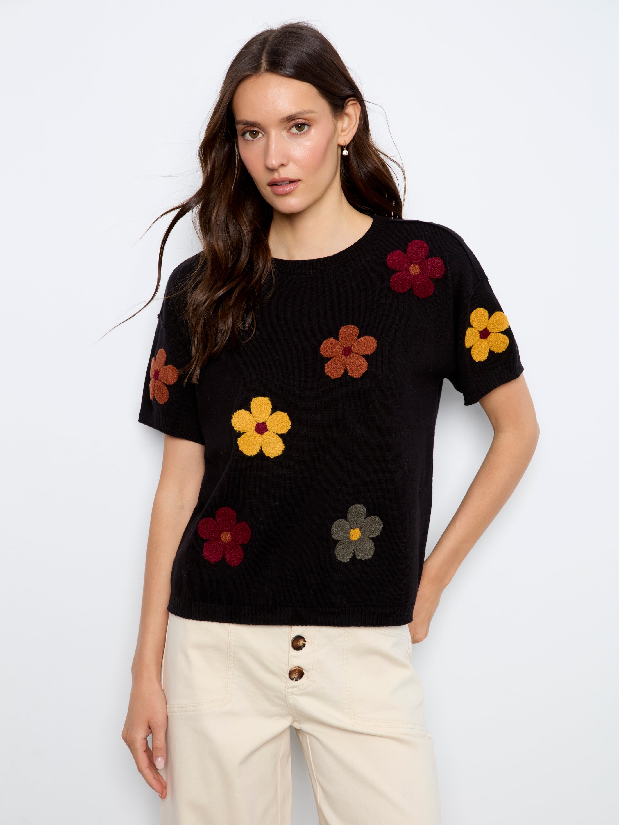 T-shirt noir à fleurs multicolores