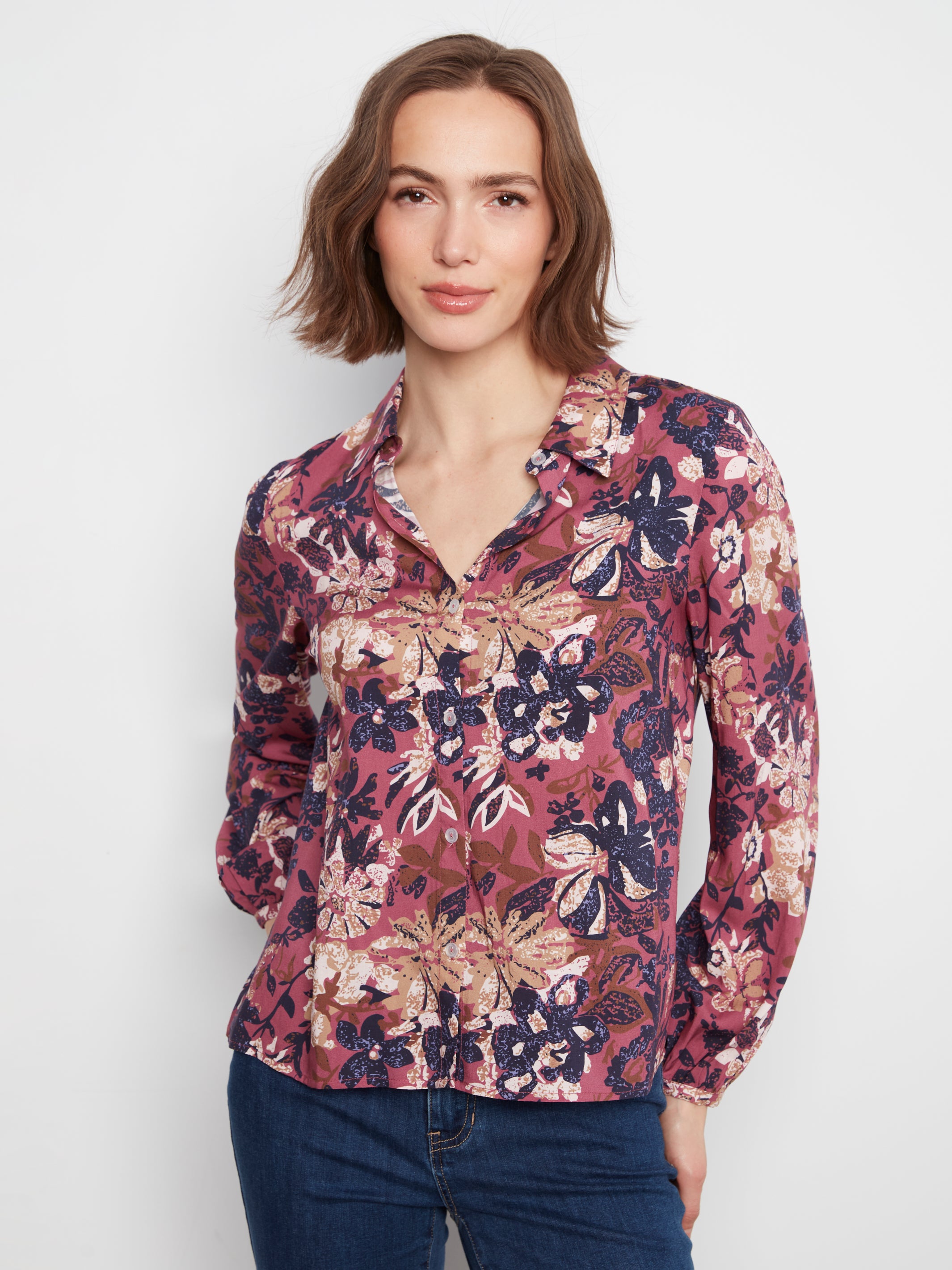 Blouse florale à col en V prune