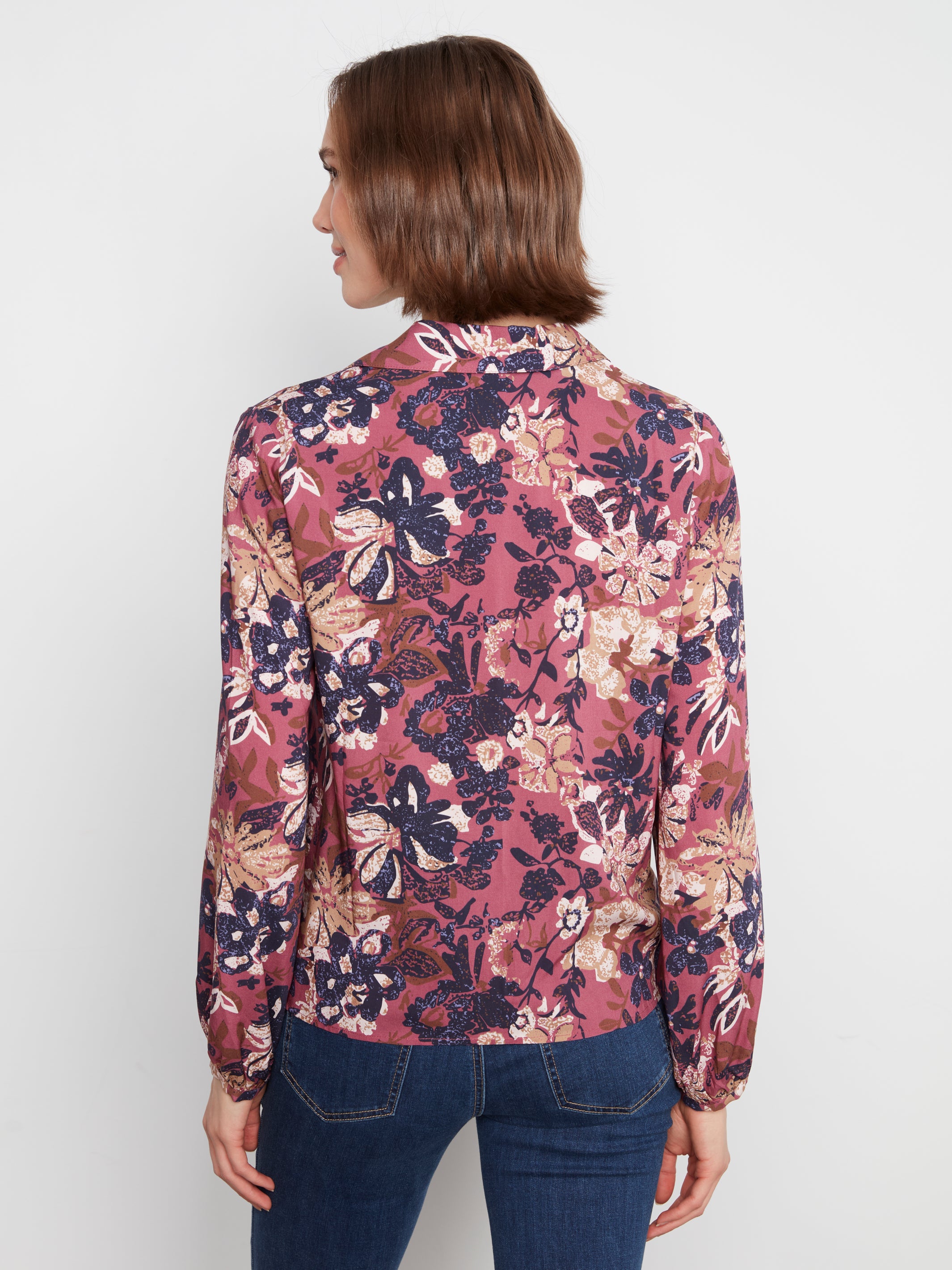 Blouse florale à col en V prune