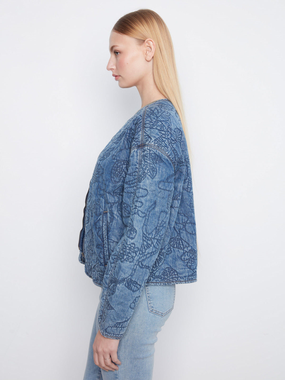 Veste bomber en denim Tencel matelassé - Bleu moyen