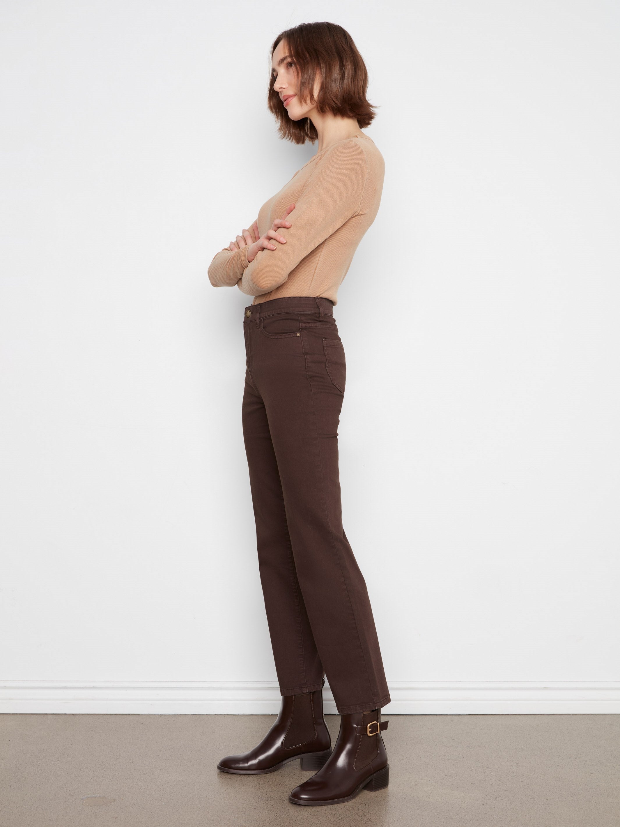Pantalon à jambe droite en sergé - Café