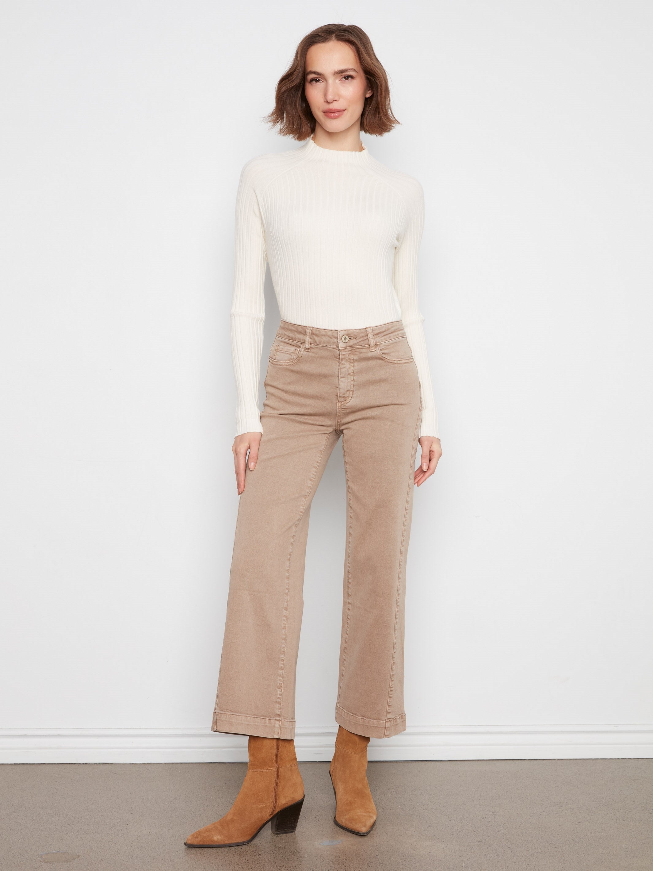 Pantalon en sergé à jambe large avec panneaux latéraux - Latté