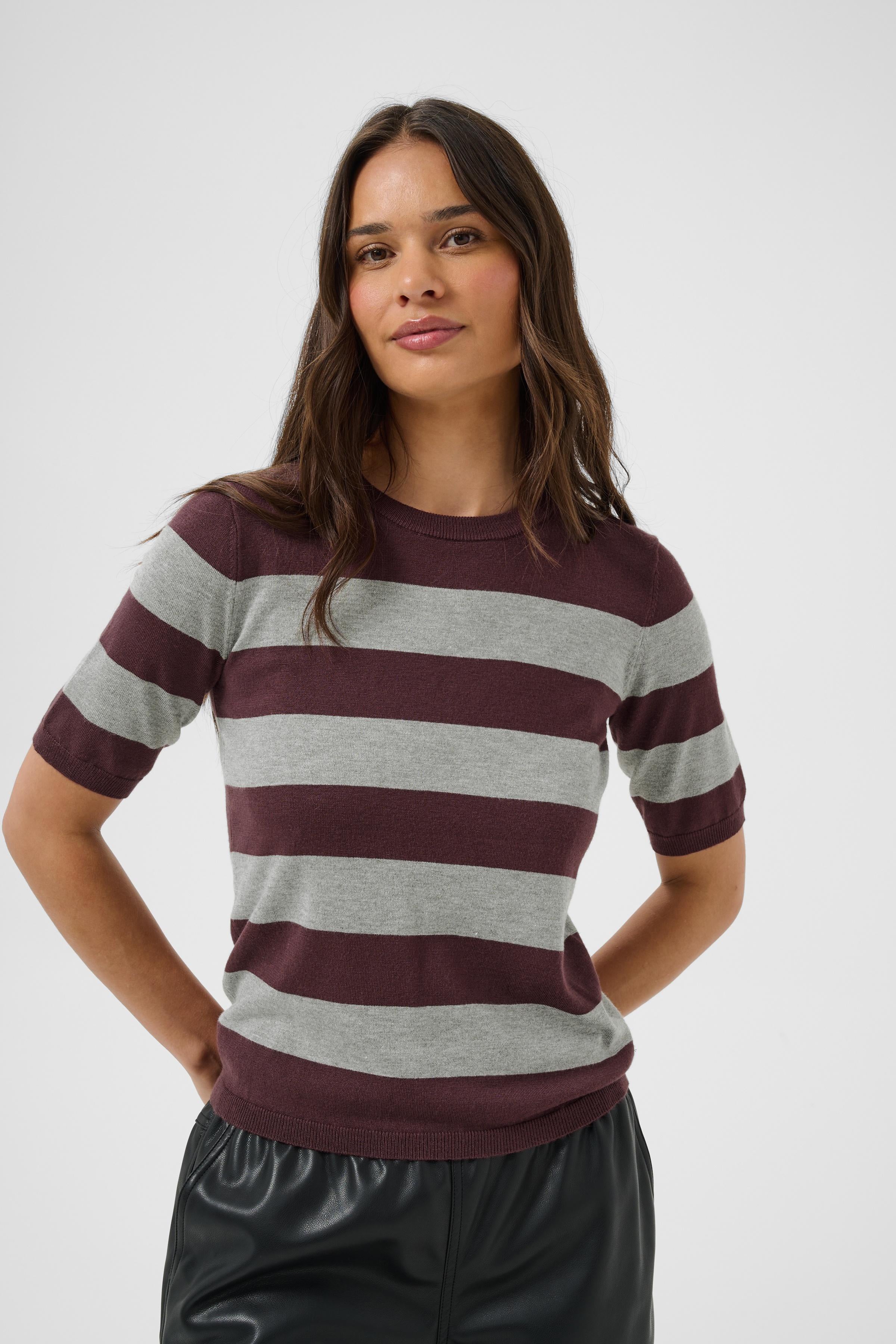 Pull manches 3/4 à rayures bordeaux et gris