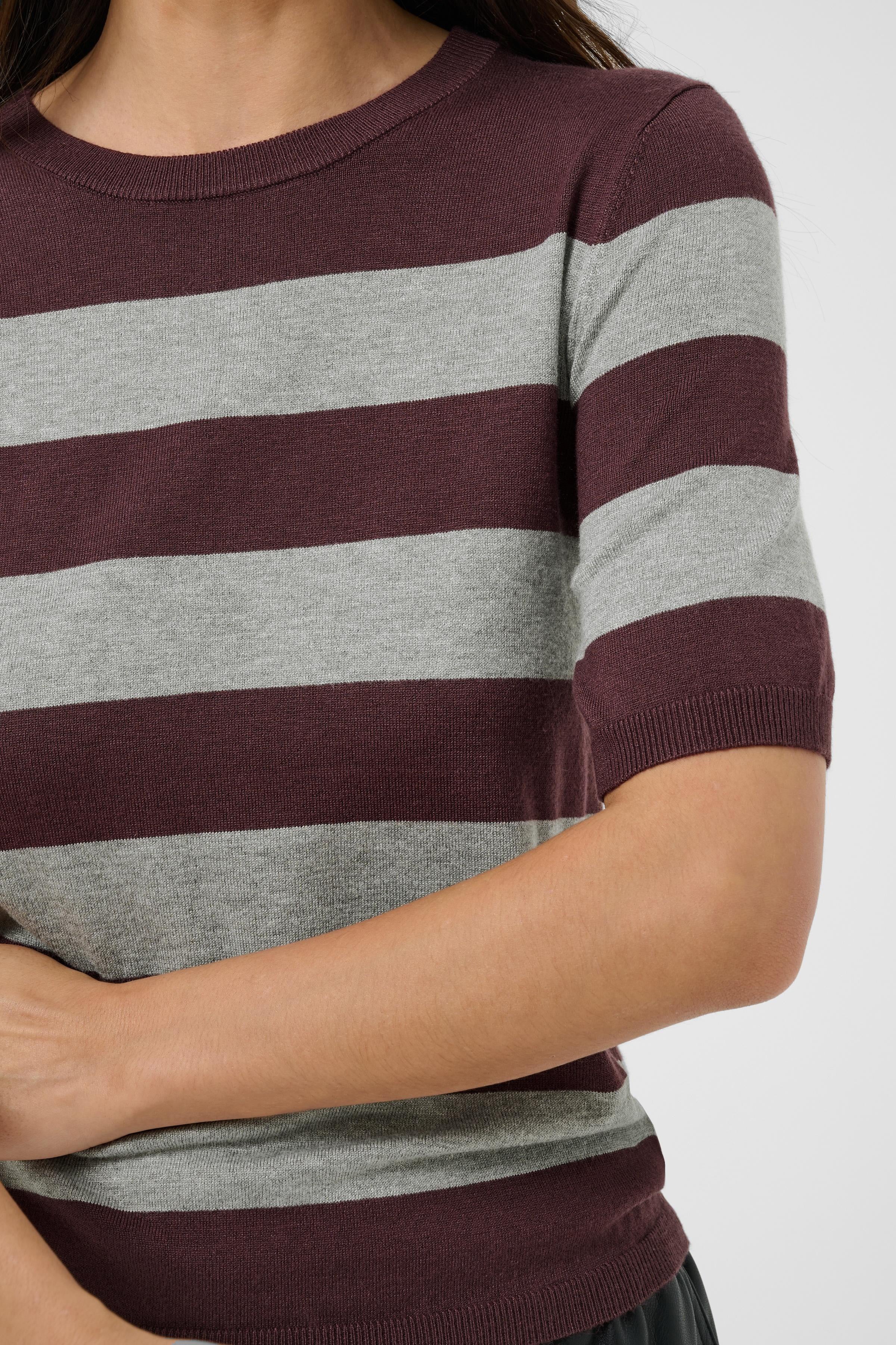 Pull manches 3/4 à rayures bordeaux et gris