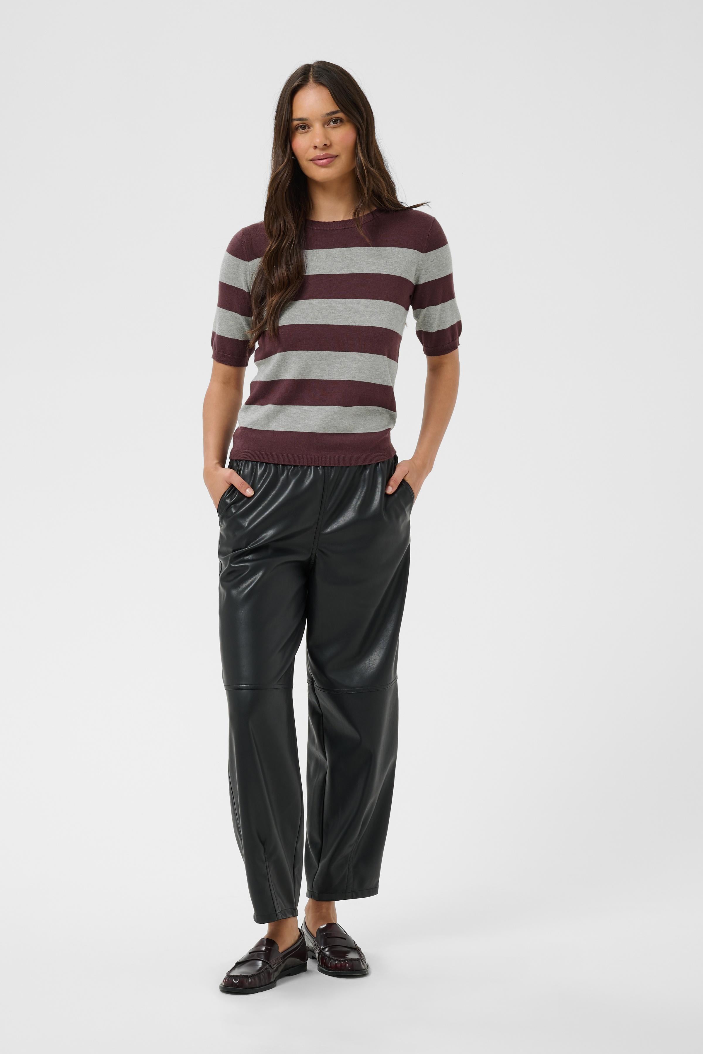 Pull manches 3/4 à rayures bordeaux et gris