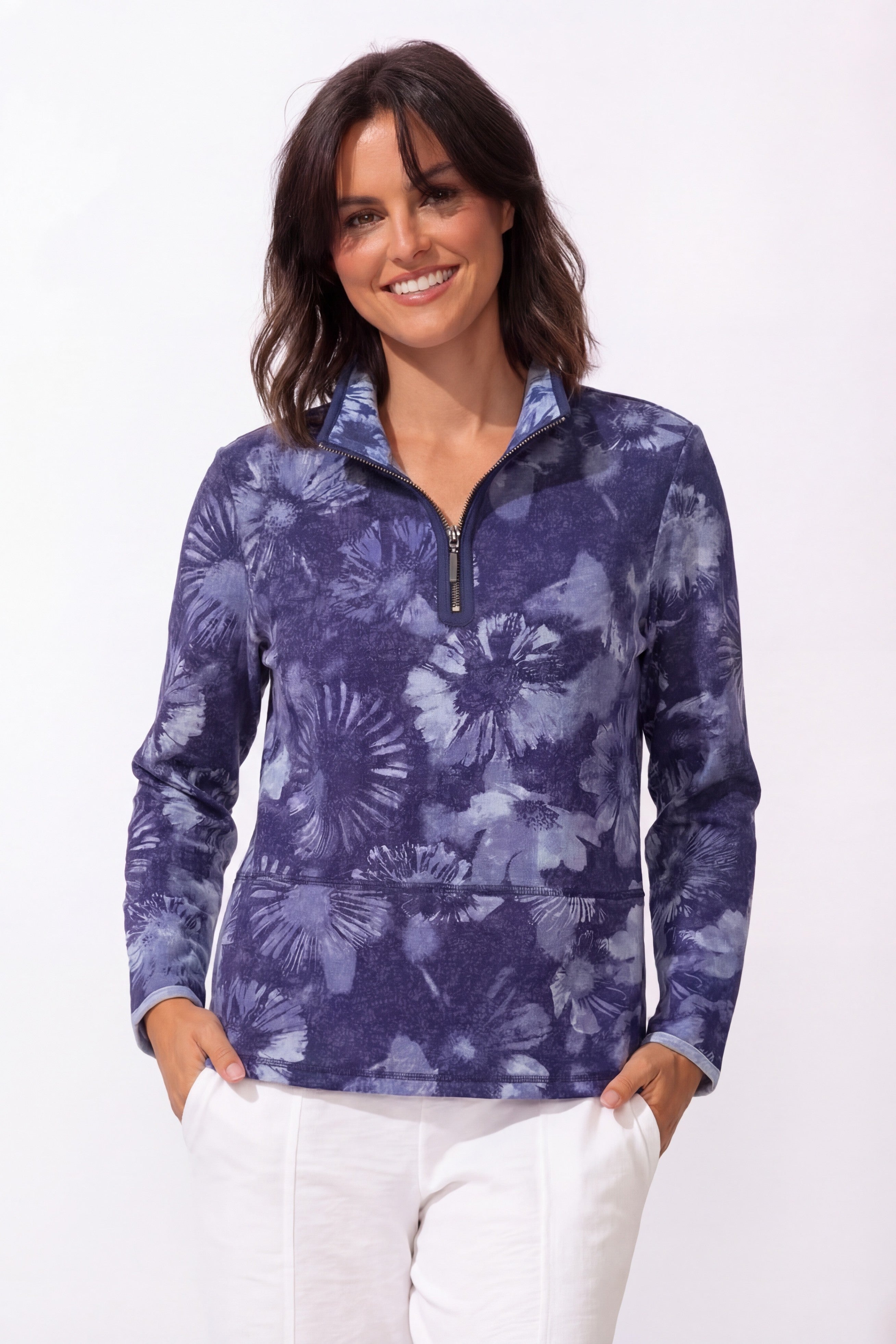 Pull floral à col zippé