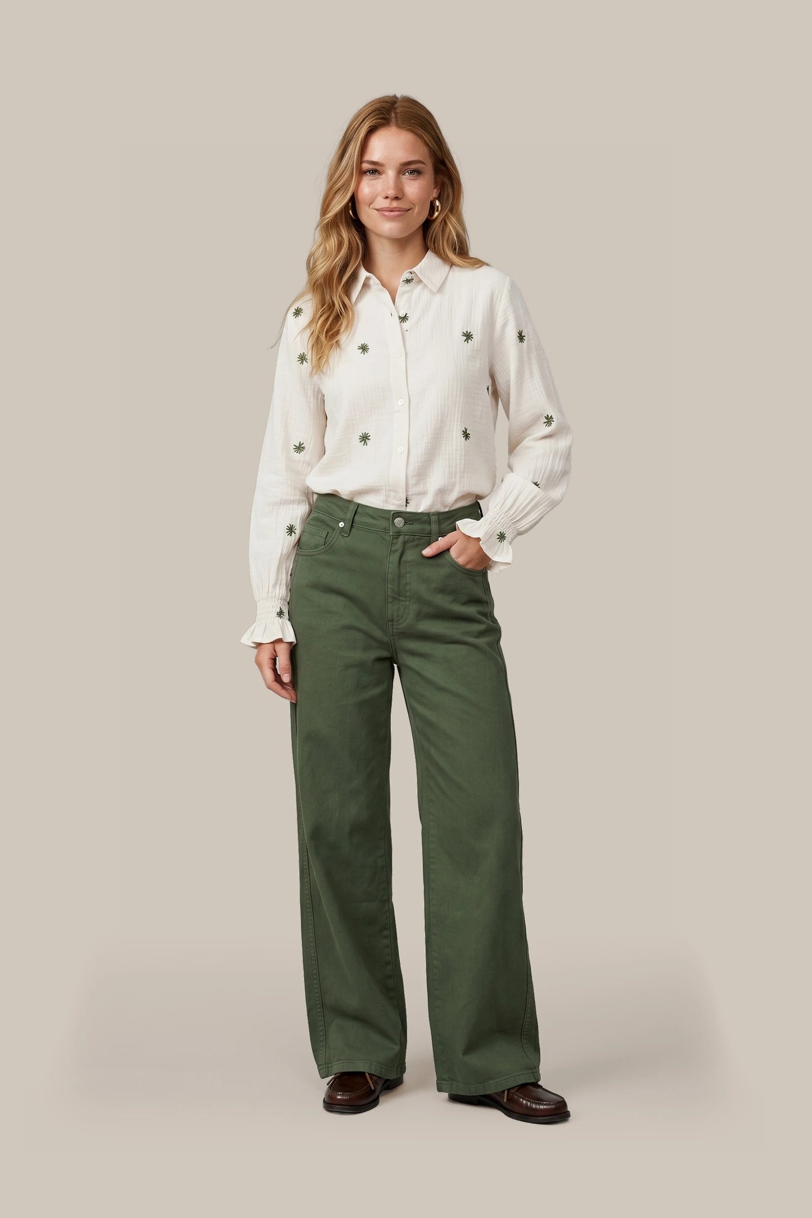 Pantalon large à taille haute kaki