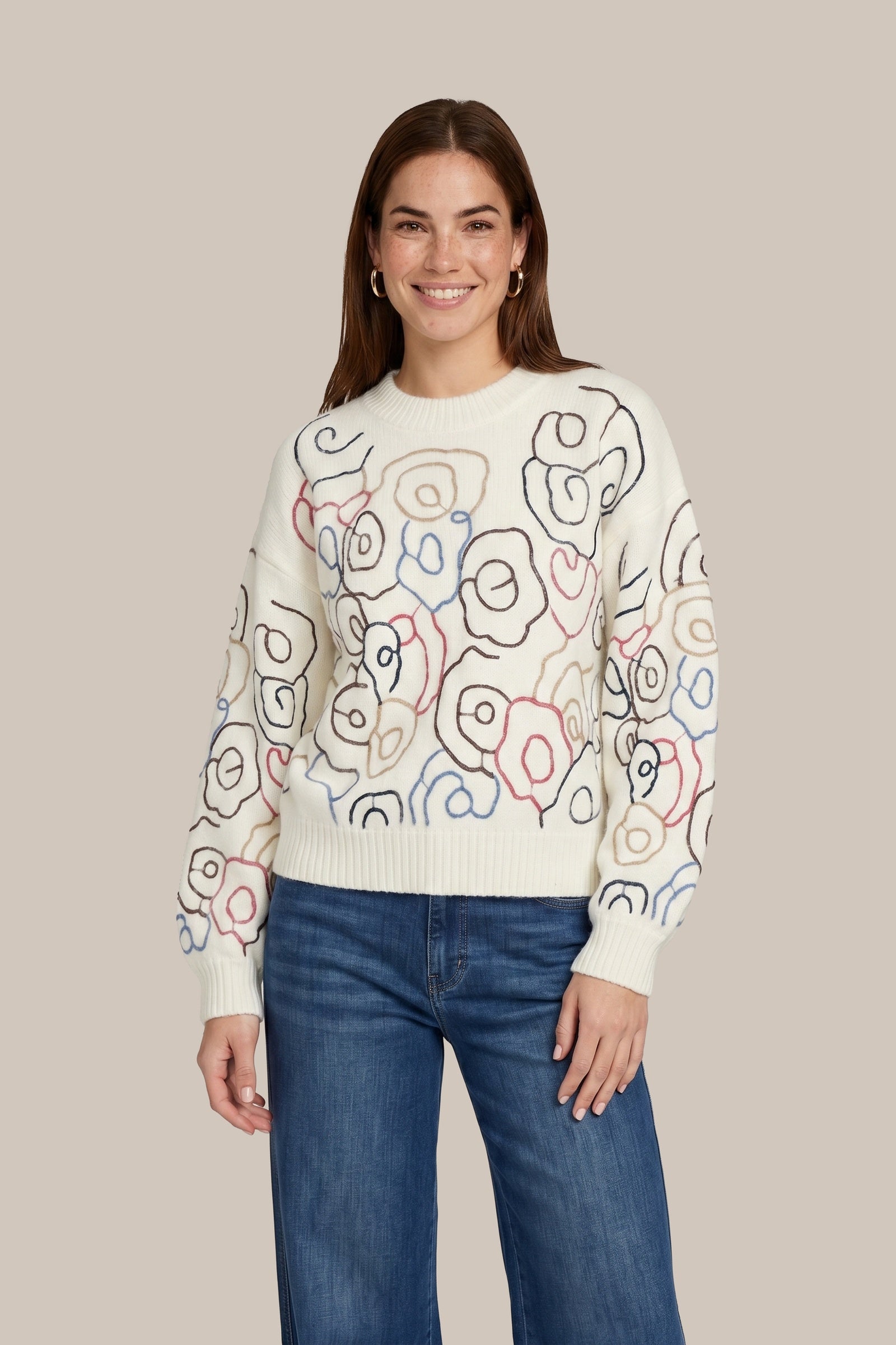 Pull à imprimé fleurs esquissées