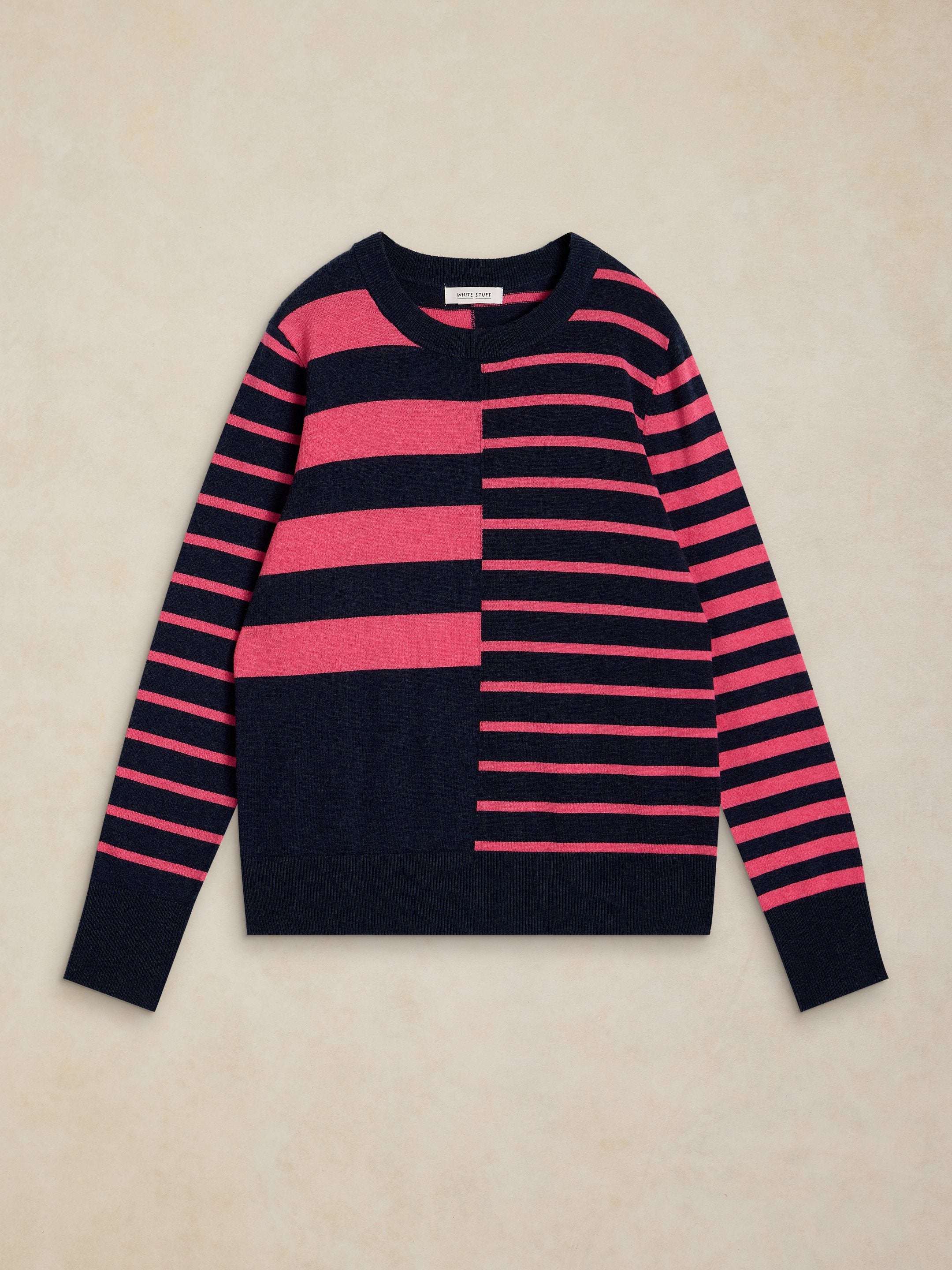 Pull à rayures asymétriques marine et rose