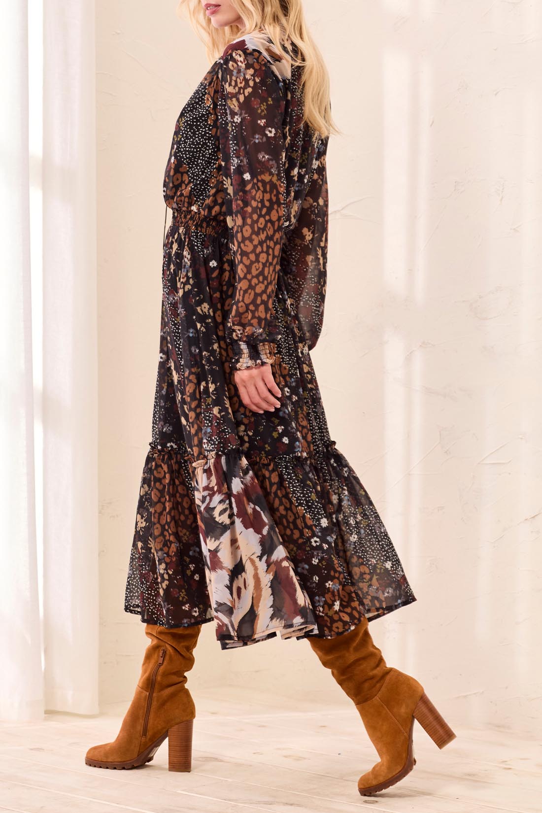 Robe midi à imprimés contrastés