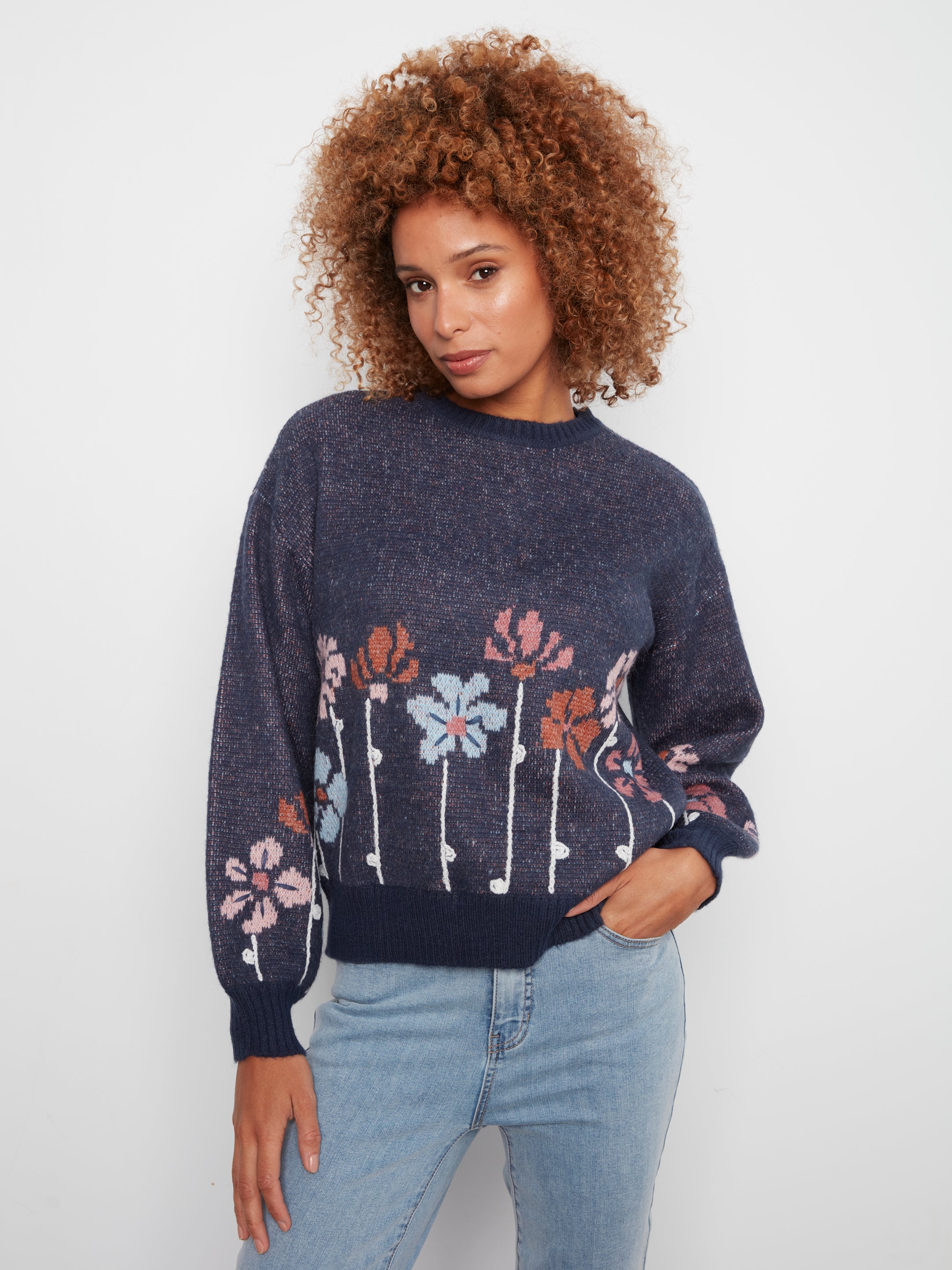 Chandail jacquard floral en bleu chiné