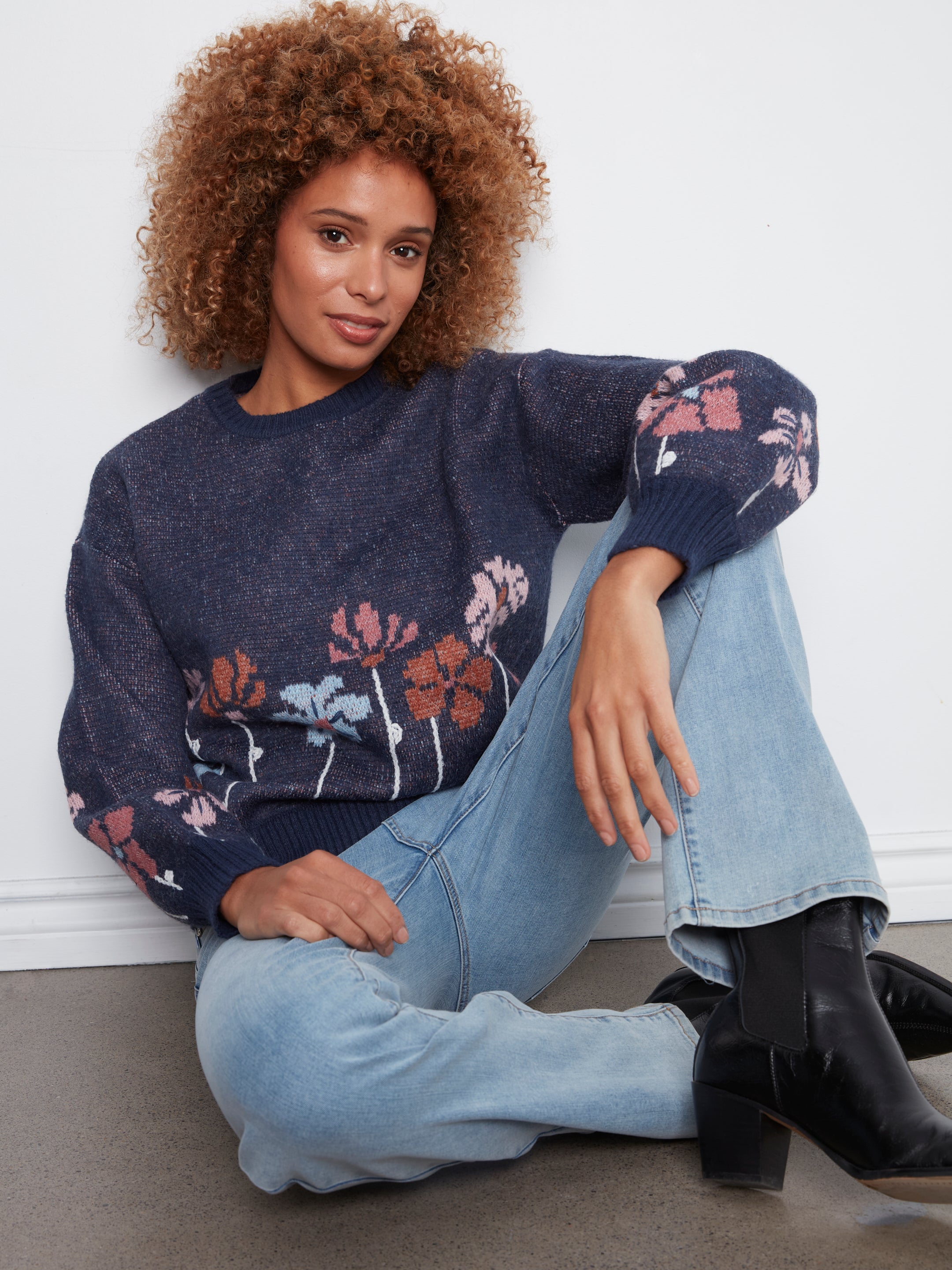 Chandail jacquard floral en bleu chiné