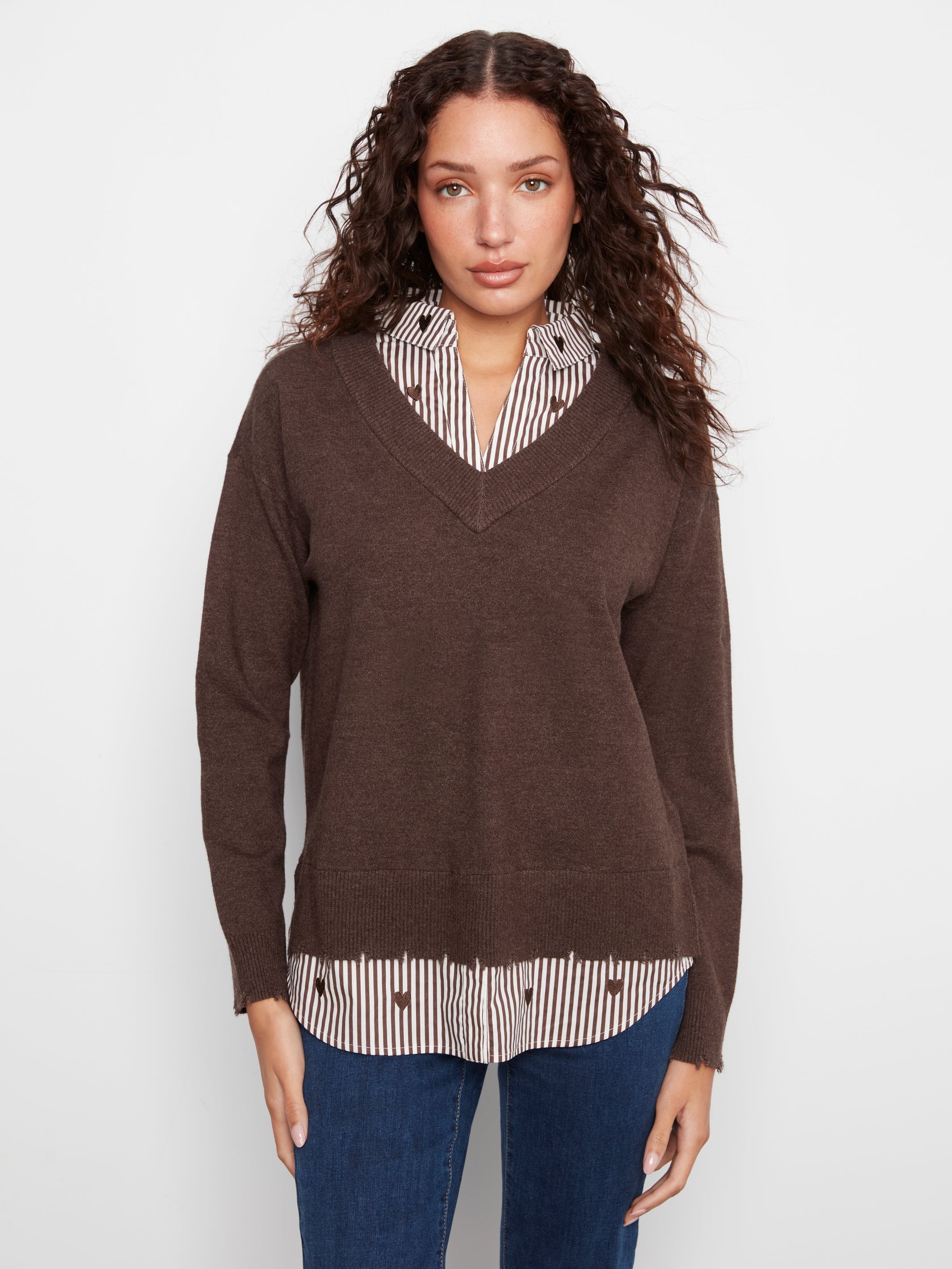 Pull col en V café chiné