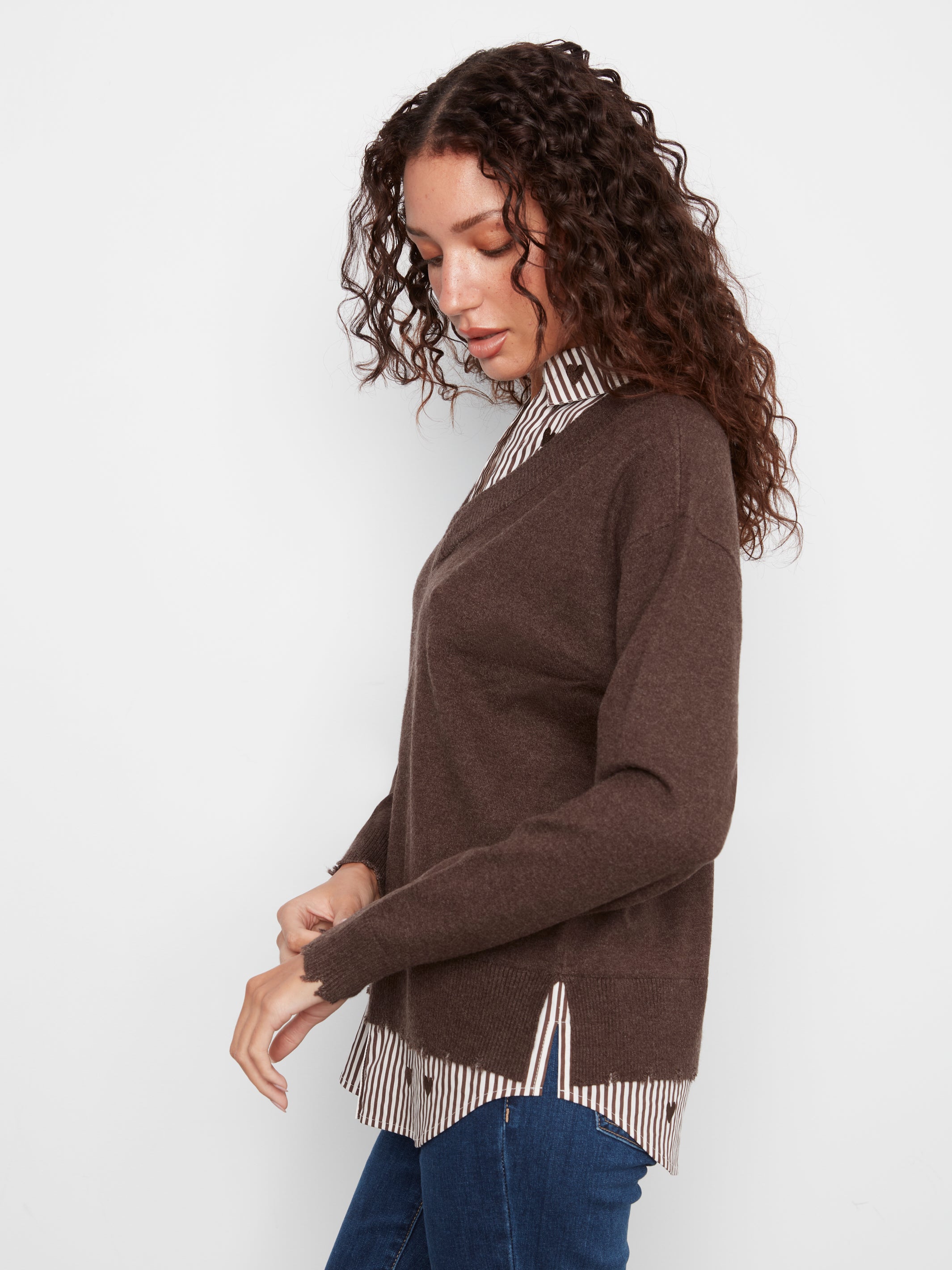Pull col en V café chiné
