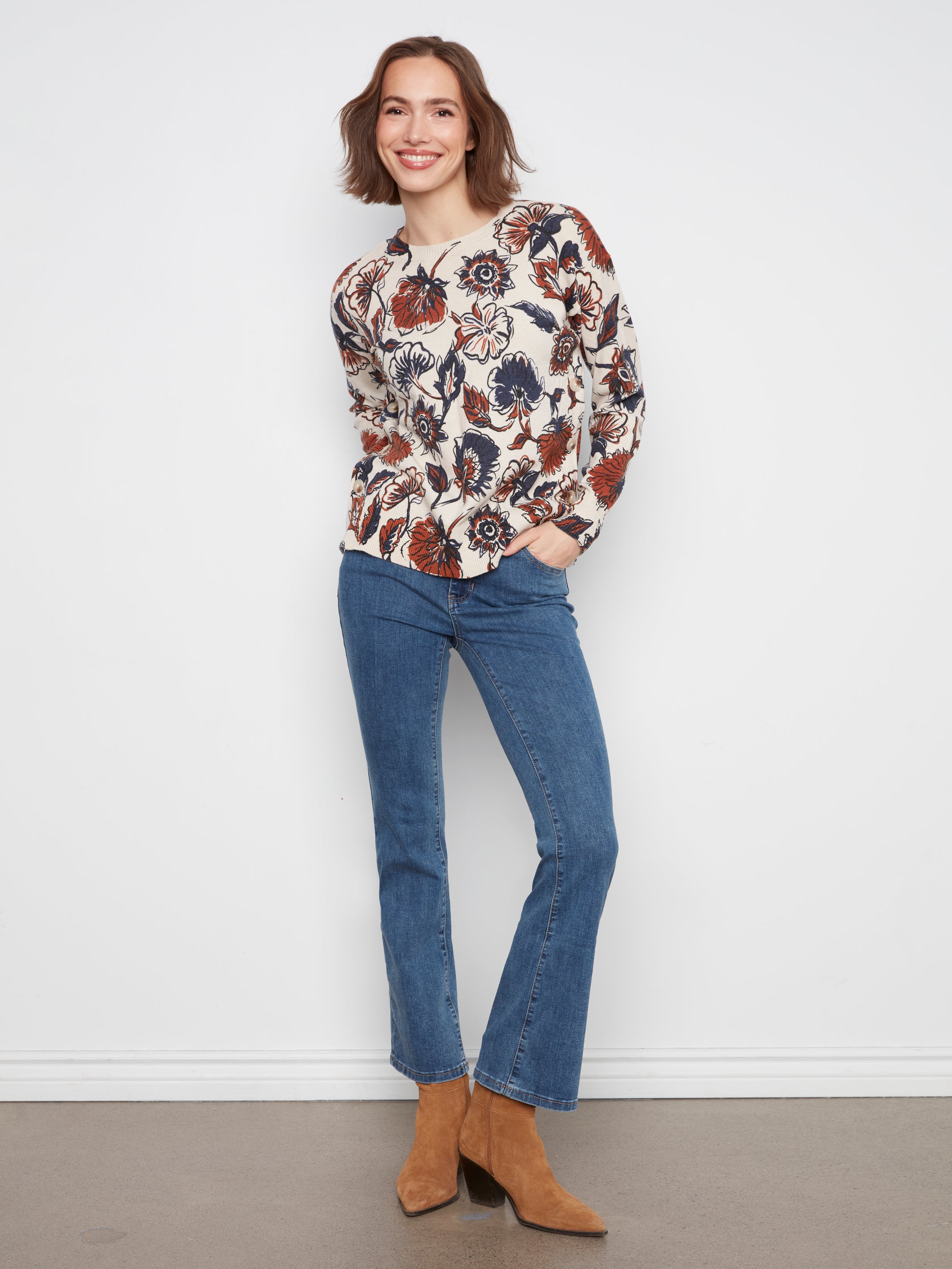 Pull à col rond à imprimé fantaisie et crème
