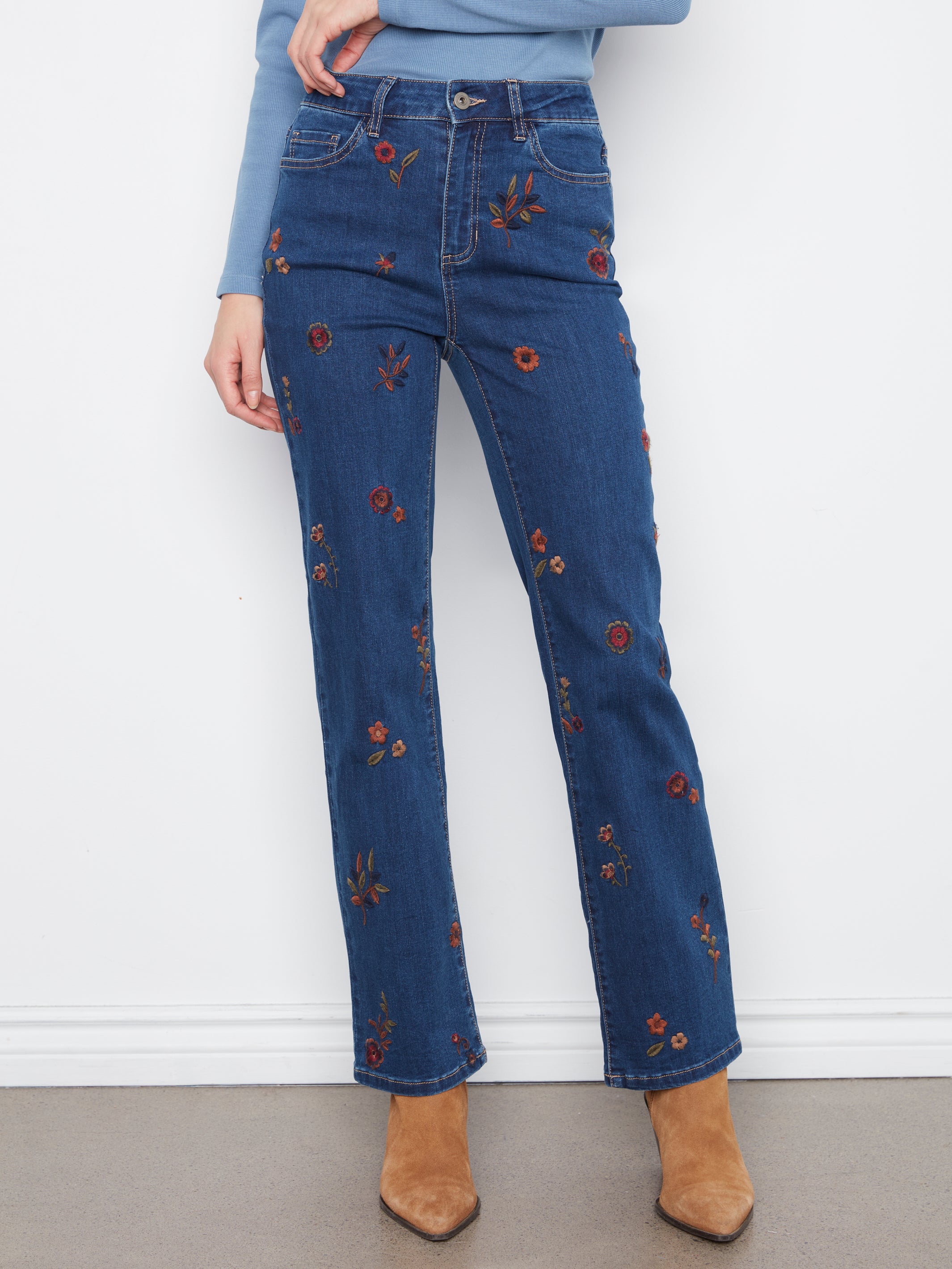 Jean brodé floral indigo