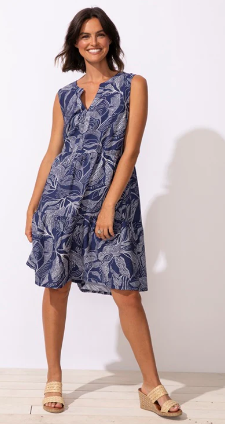 Escape - Robe Paradise Feuilles Pointillées - Navy