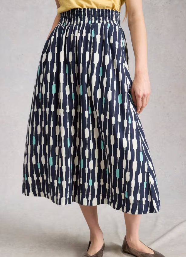White Stuff | Jupe midi en lin Shelly 445123 | Couleur Navy Print