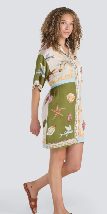 Jessica Laura | Robe avec imprimés coquillages avec ceinture 8812RVSD | Beige