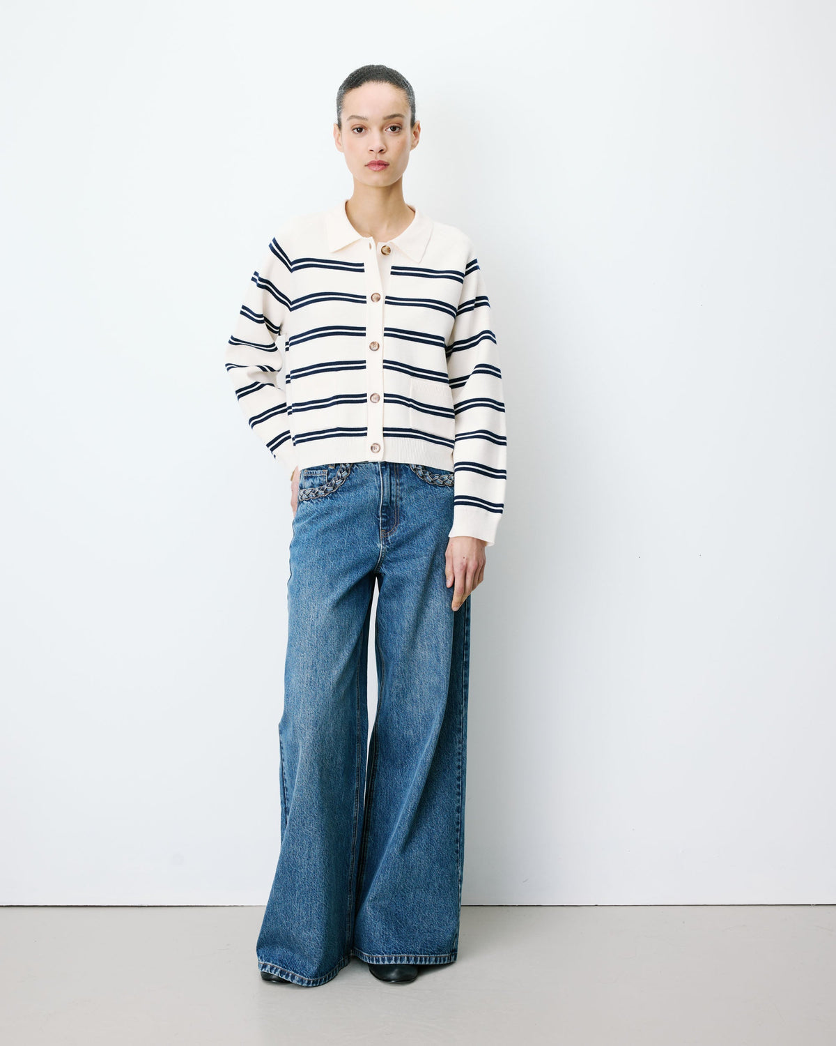 Cardigan rayé à col chemise Ardenis couleur écru