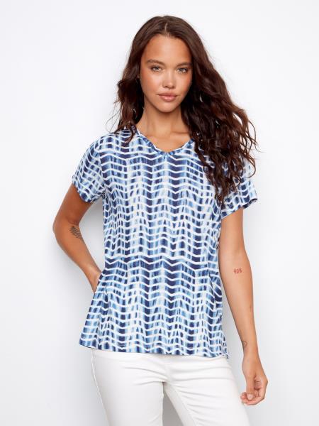 Charlie B | T-shirt imprimé en mélange de lin à col V C1231Z - Zigzag