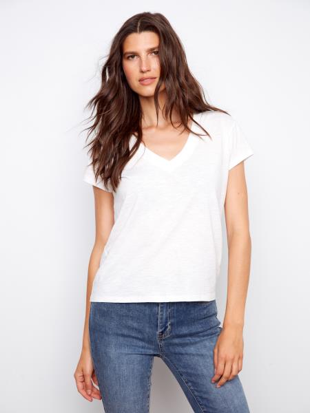 T-shirt à col en V C1428 - Blanc