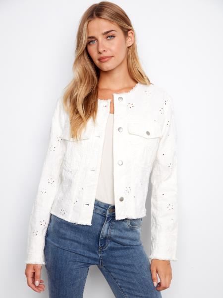 Charlie B | Veste en denim sans col C6404 - Blanc