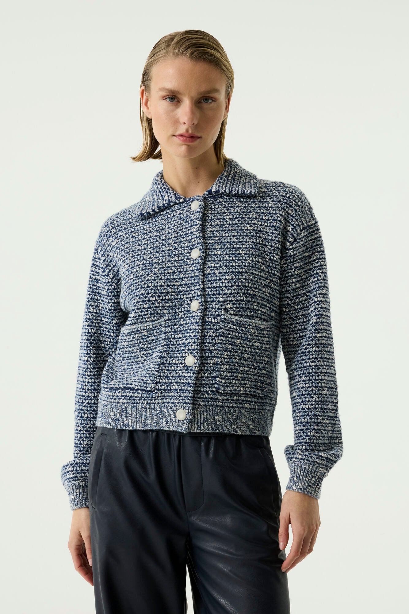 Cardigan chiné marine à col chemise