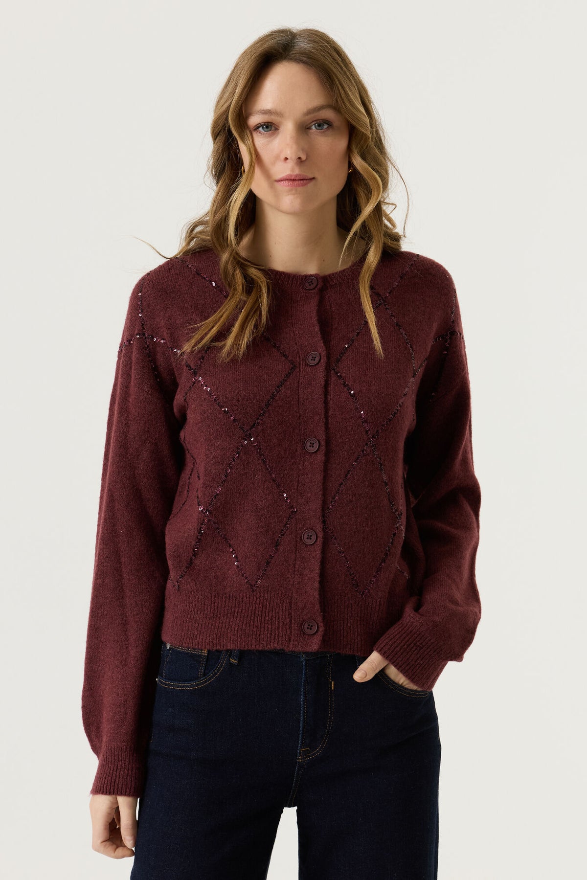 Cardigan bordeaux à losanges scintillants