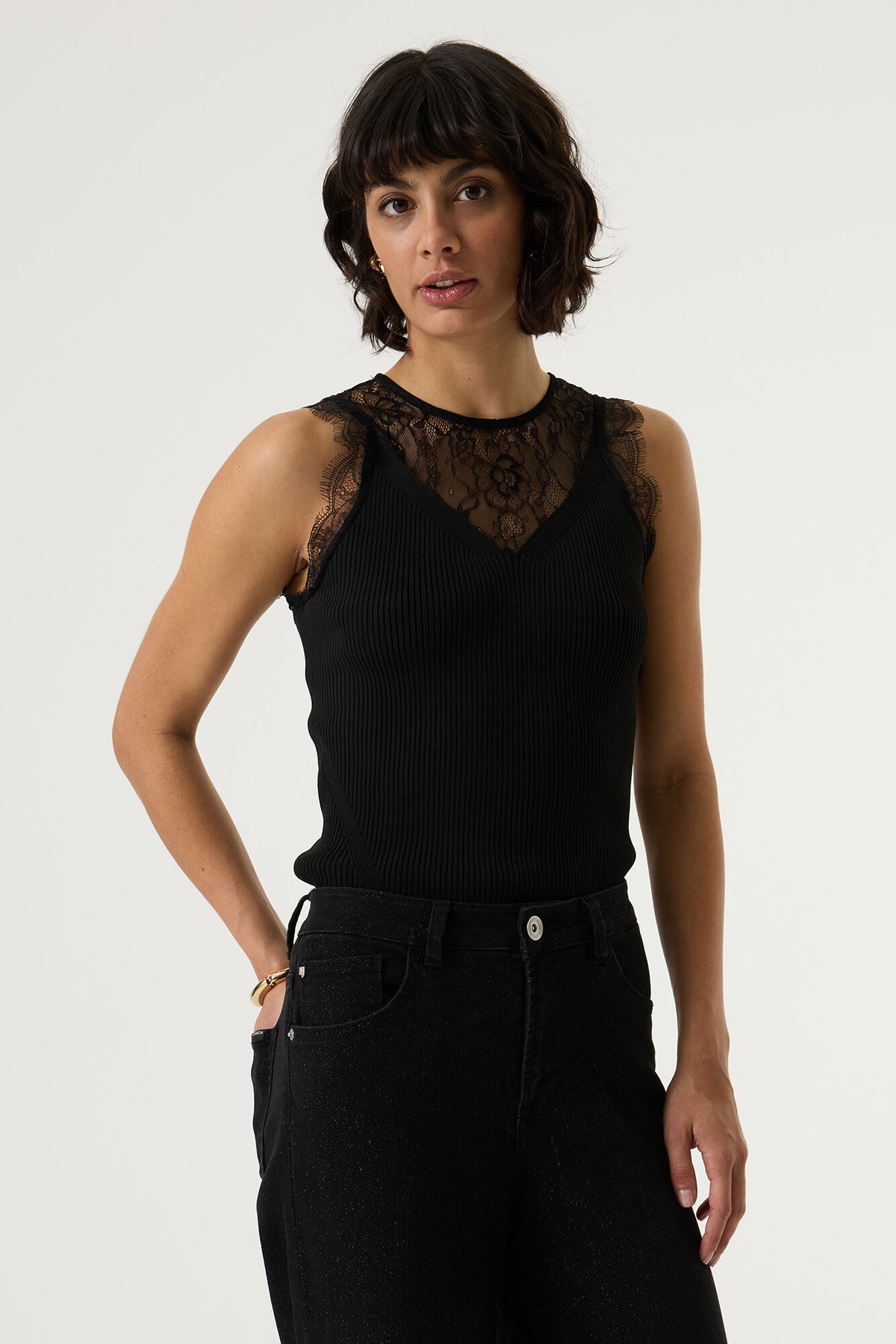 Camisole noire plissée dentelle