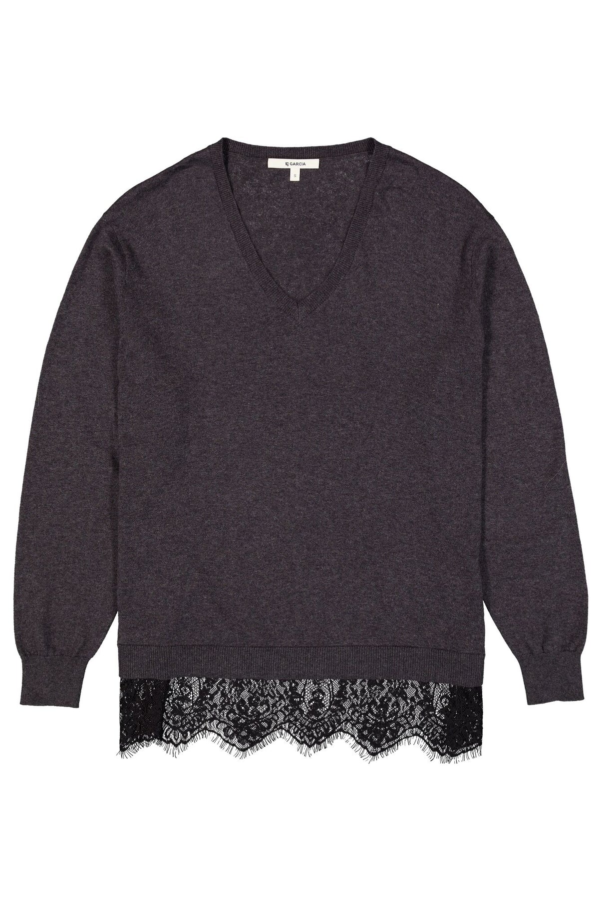 Pull anthracite à bordure en dentelle