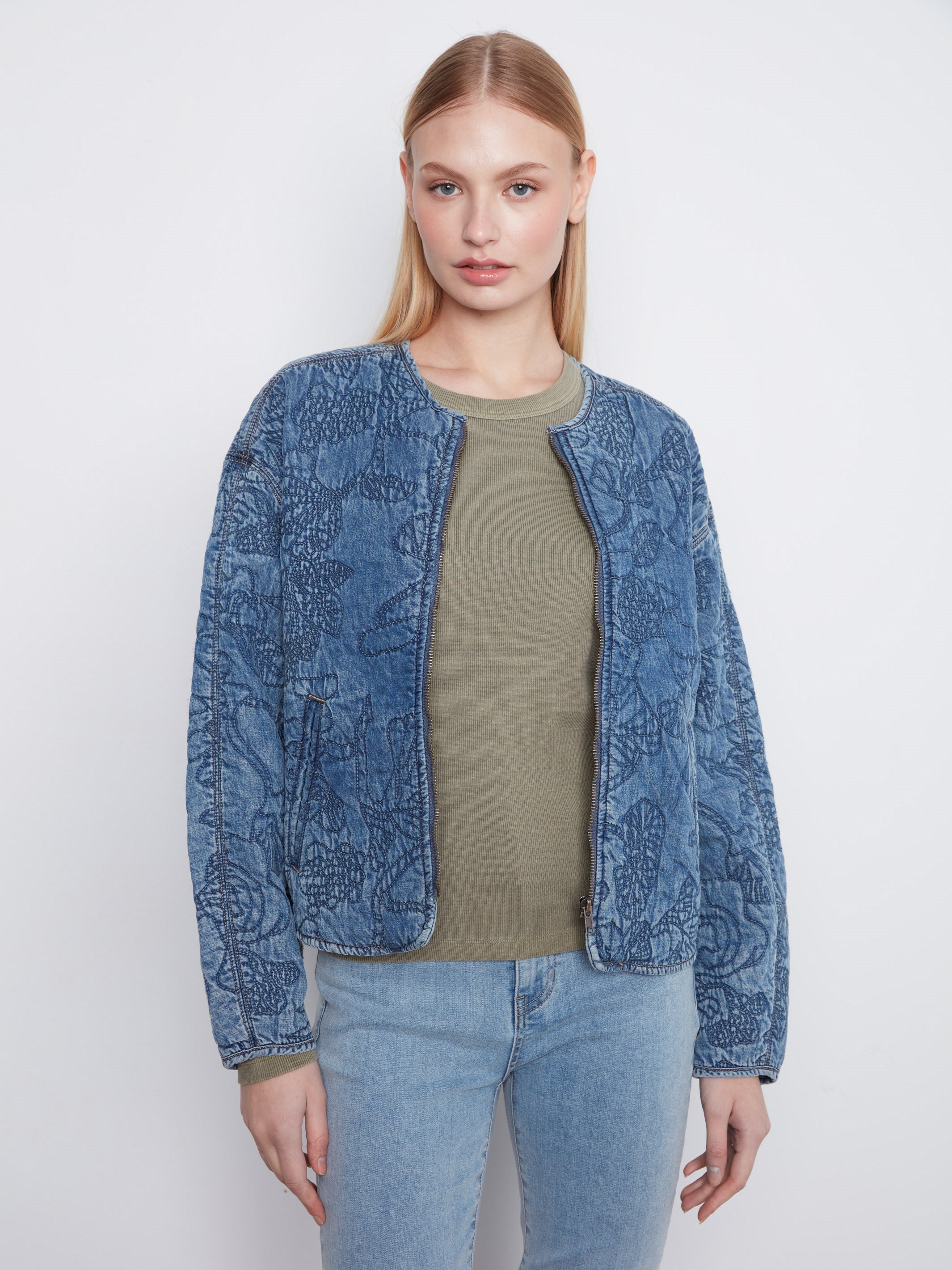 Veste bomber en denim Tencel matelassé - Bleu moyen