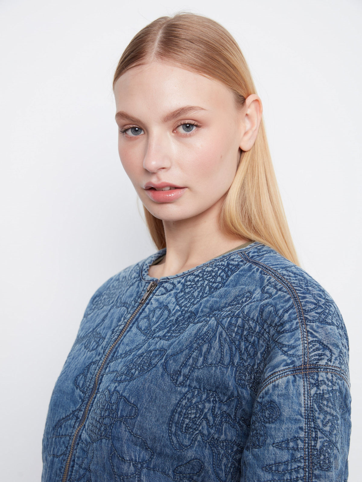 Veste bomber en denim Tencel matelassé - Bleu moyen