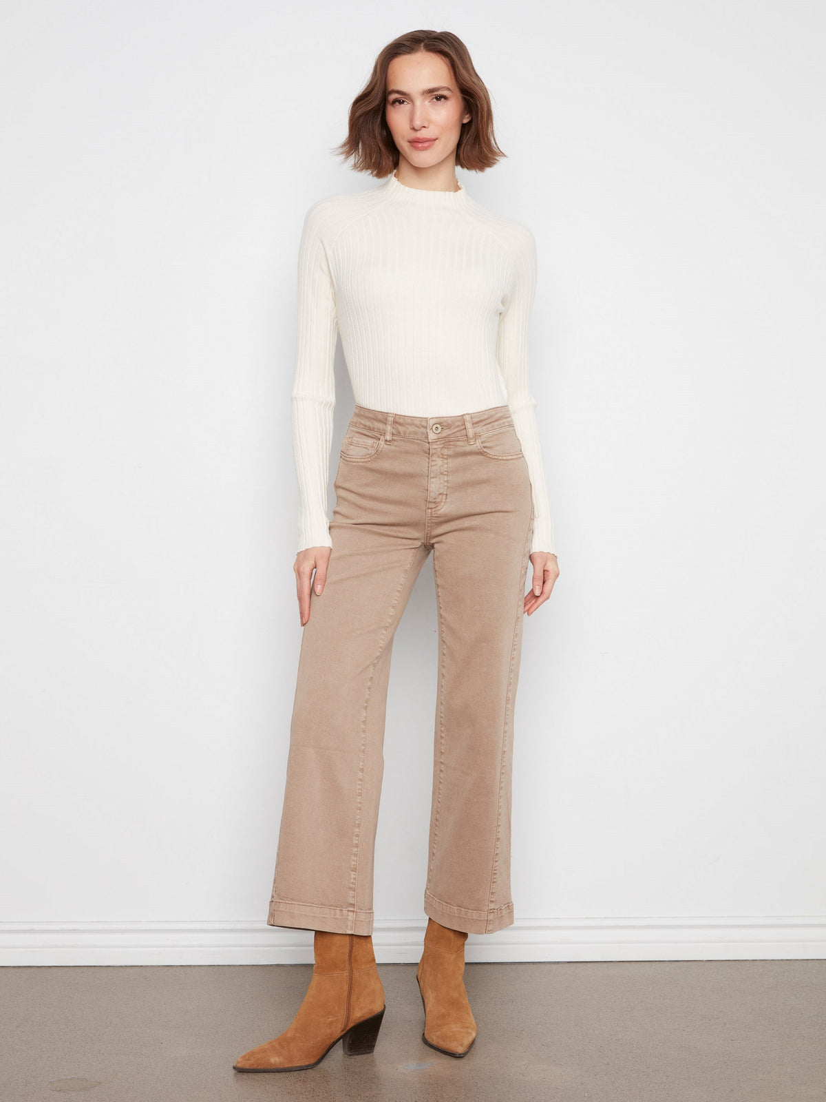Pantalon en sergé à jambe large avec panneaux latéraux - Latté